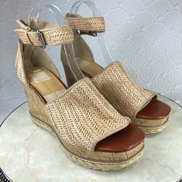 Dolce Vita Heels Womens Size 10 Otto Tan Espadrilles Straw Platform Wedge Shoes - Picture 2 of 11